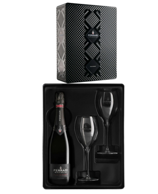 FERRARI TRENTO DOC BLANC DE BLANCS MAXIMUM BRUT CL 75 CON CALICI IN COFANETTO IN LATTA
