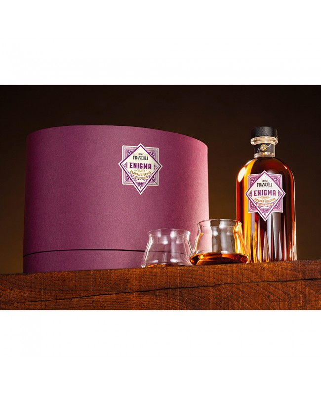 GRAPPA FRANCOLI ENIGMA RISERVA CL 70 CAPPELLIERA CON 2 BICCHIERI DEGUSTAZIONE